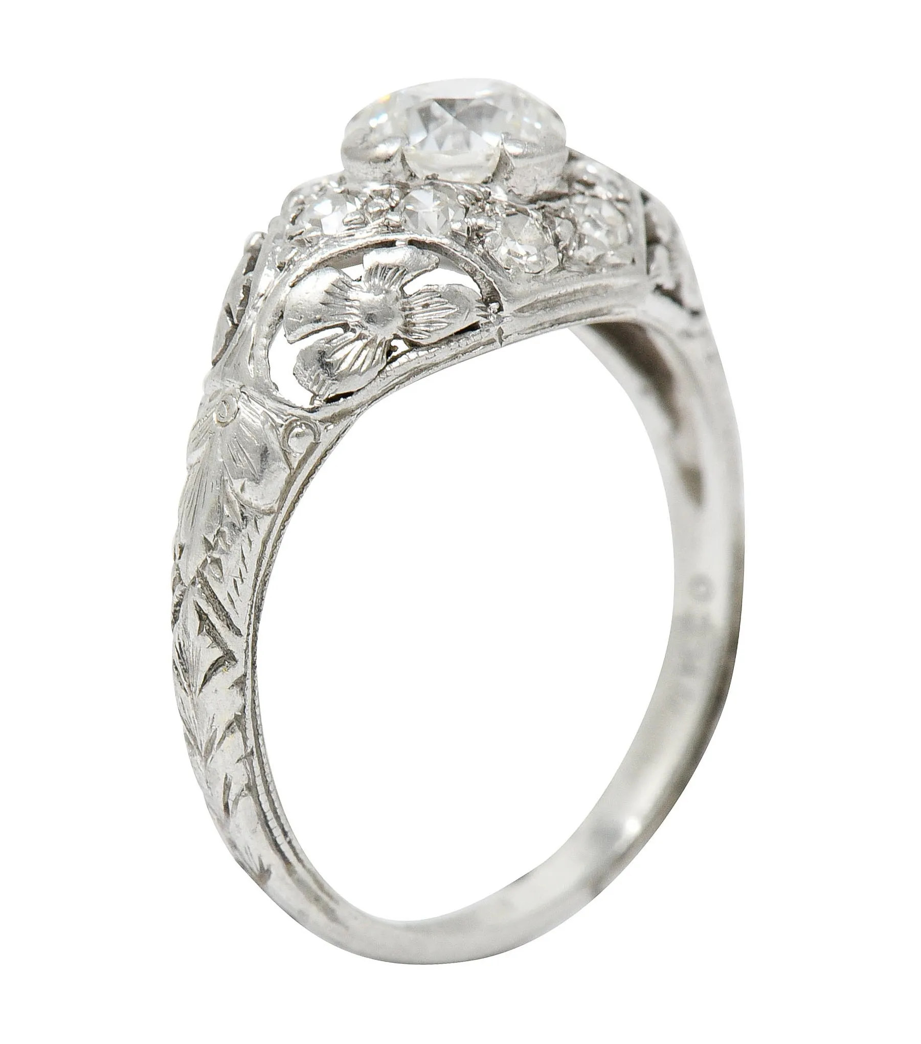 1930's William Kinscherf Co. 0.85 CTW Diamond Platinum Floral Engagement Ring