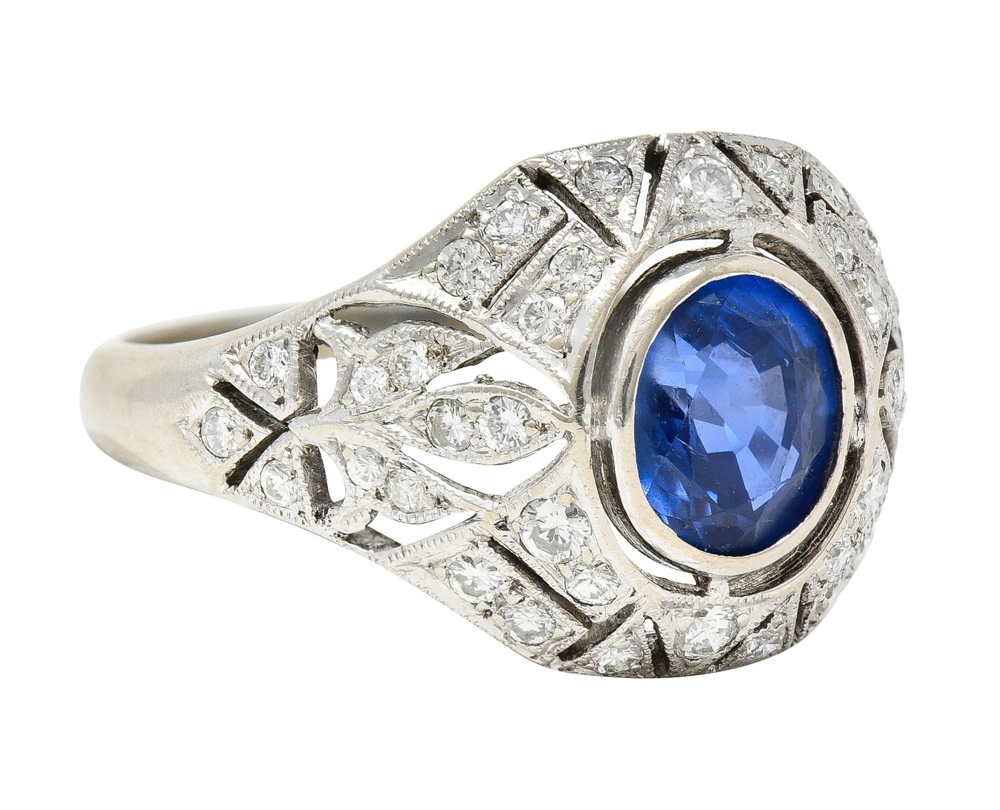 1960's Art Deco Revival 1.72 CTW Oval Cut Sapphire Diamond 14 Karat White Gold Fleur-De-Lis Vintage Bombay Dinner Ring