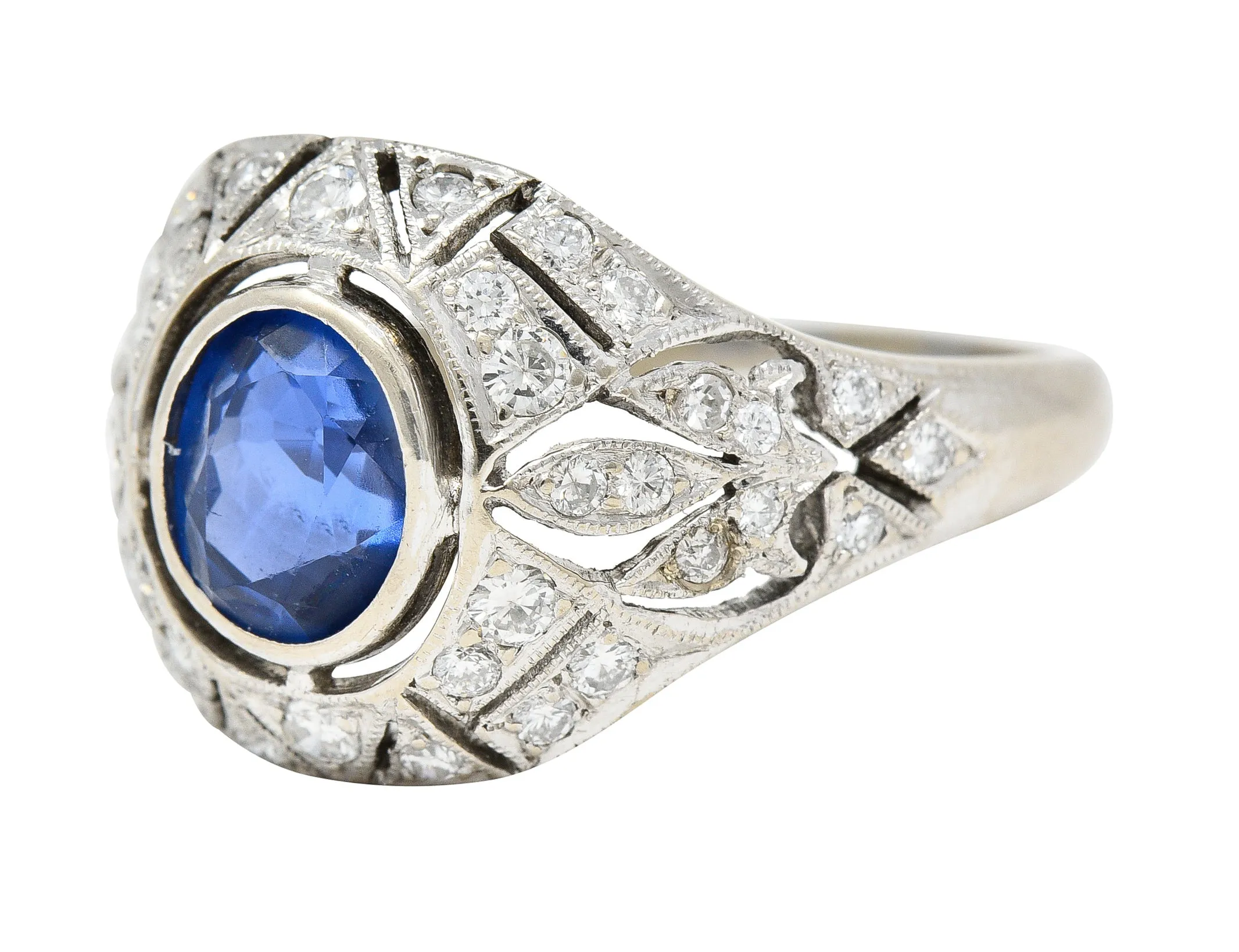 1960's Art Deco Revival 1.72 CTW Oval Cut Sapphire Diamond 14 Karat White Gold Fleur-De-Lis Vintage Bombay Dinner Ring