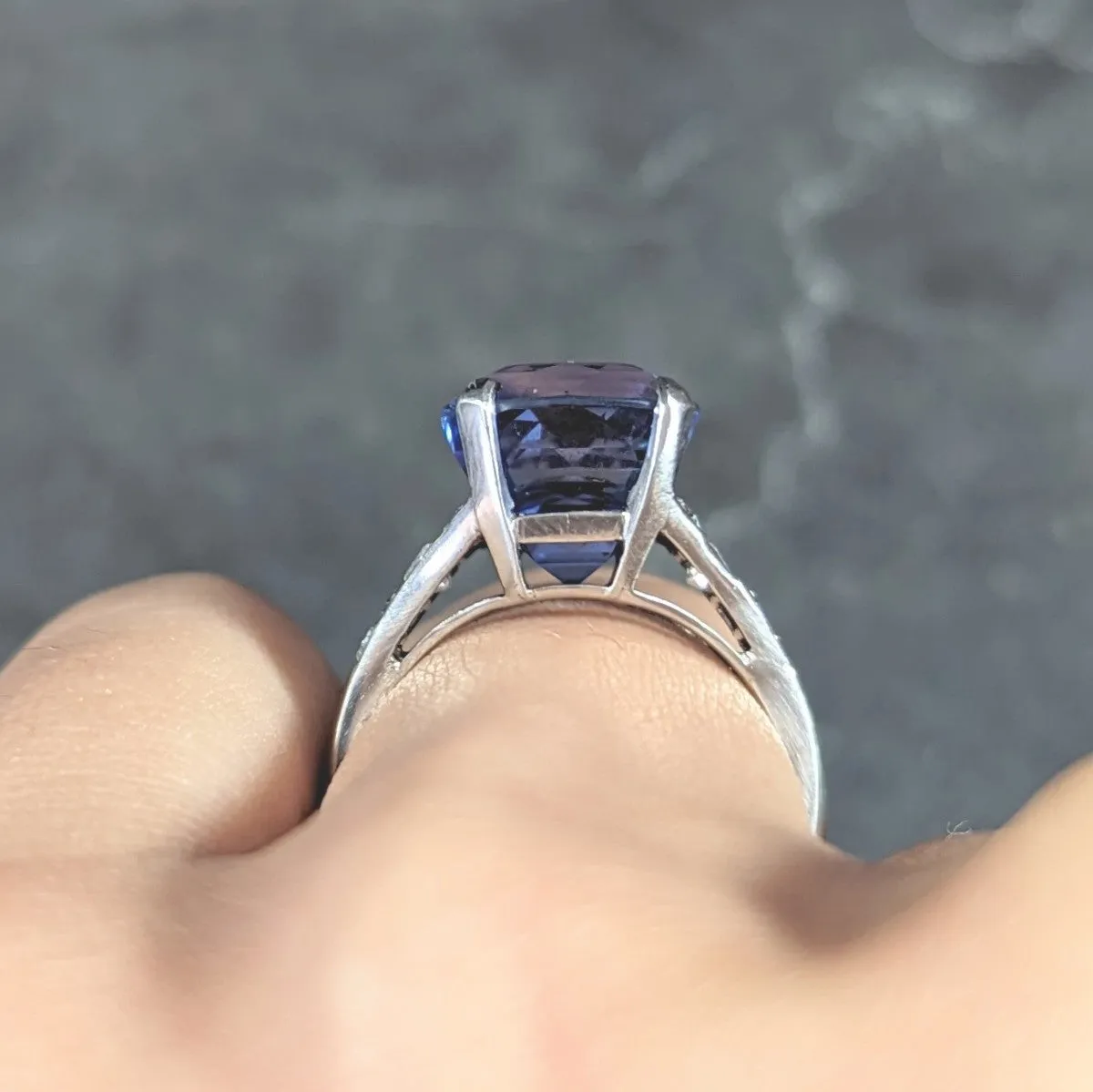 1960's Art Deco Revival 1.72 CTW Oval Cut Sapphire Diamond 14 Karat White Gold Fleur-De-Lis Vintage Bombay Dinner Ring