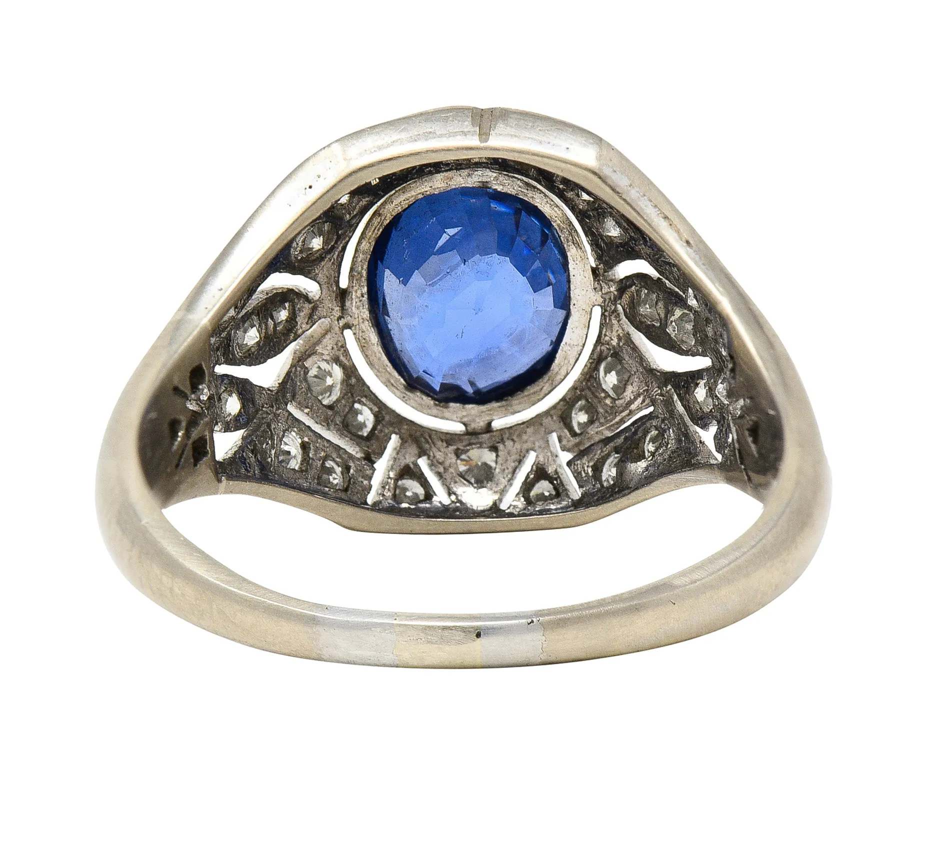 1960's Art Deco Revival 1.72 CTW Oval Cut Sapphire Diamond 14 Karat White Gold Fleur-De-Lis Vintage Bombay Dinner Ring