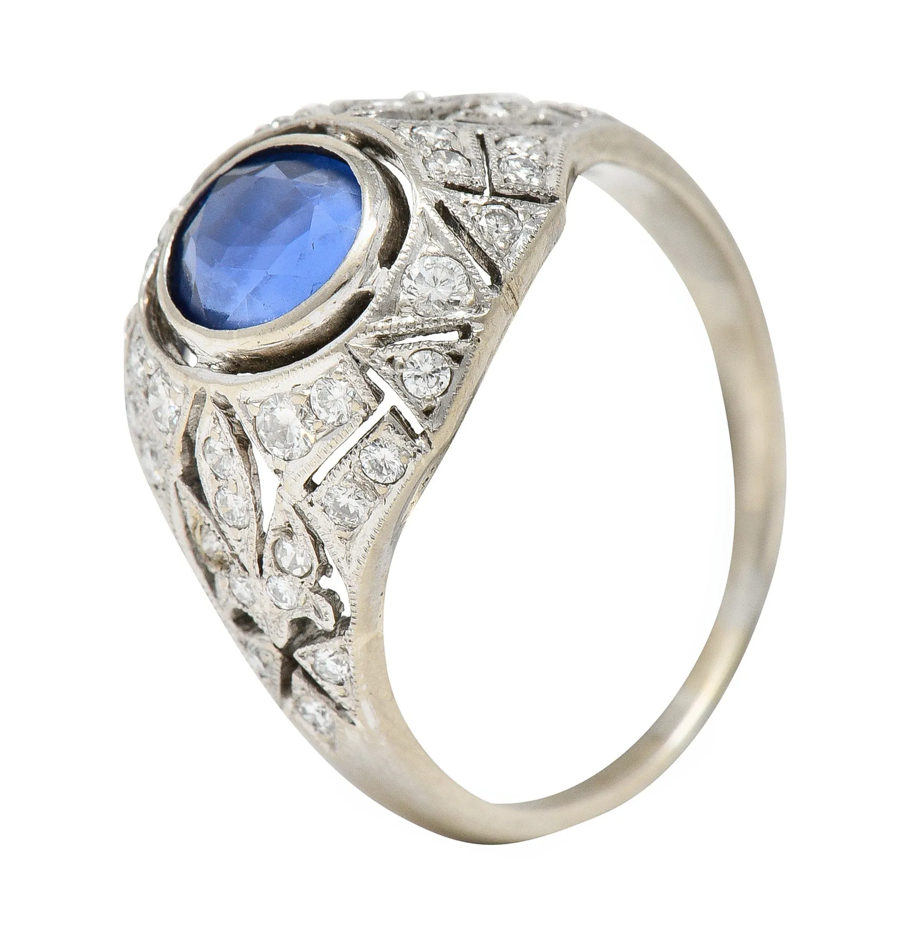 1960's Art Deco Revival 1.72 CTW Oval Cut Sapphire Diamond 14 Karat White Gold Fleur-De-Lis Vintage Bombay Dinner Ring