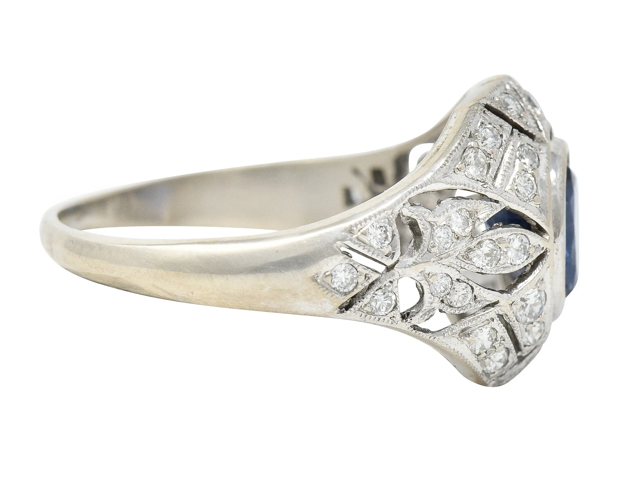 1960's Art Deco Revival 1.72 CTW Oval Cut Sapphire Diamond 14 Karat White Gold Fleur-De-Lis Vintage Bombay Dinner Ring