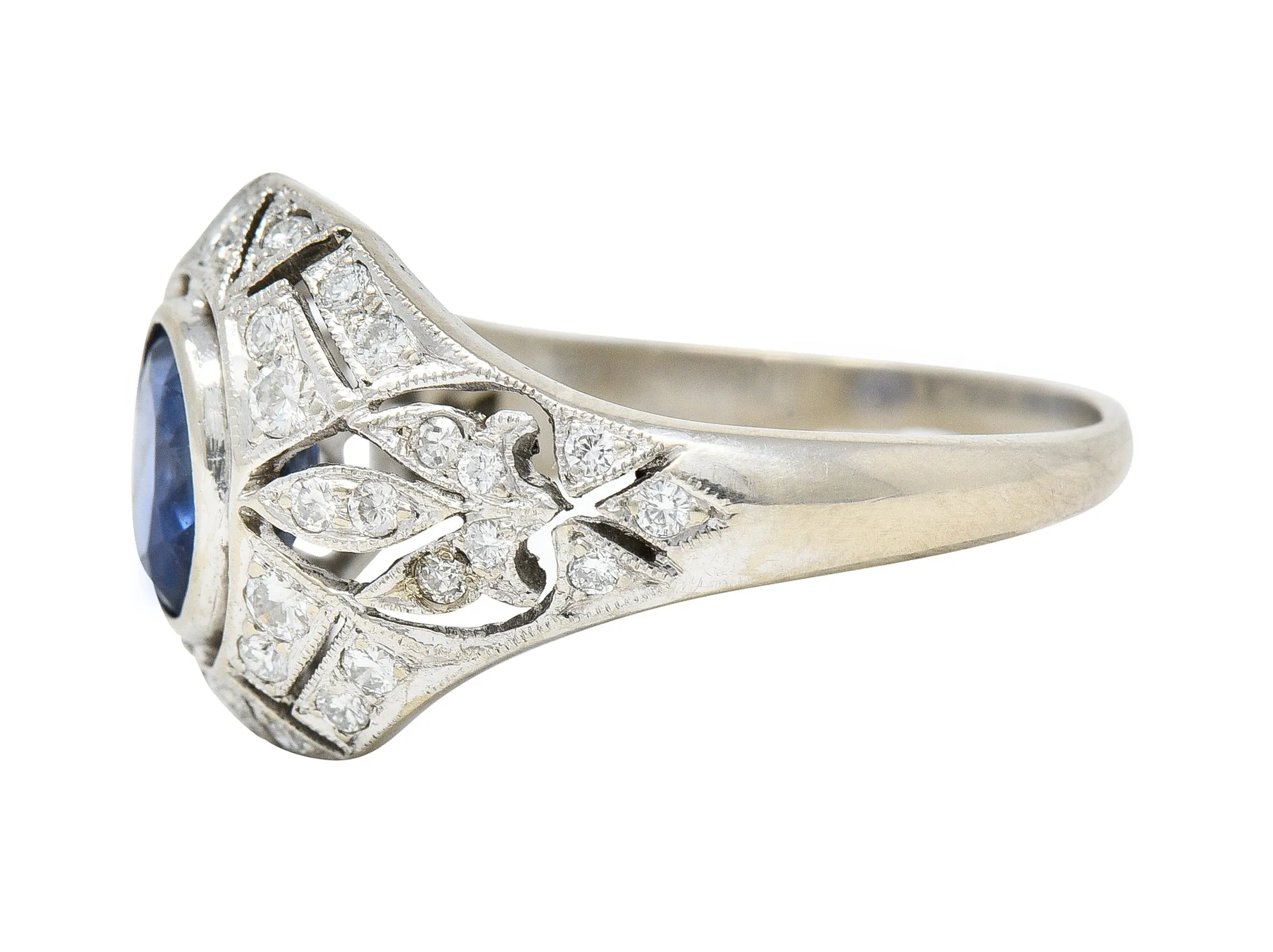 1960's Art Deco Revival 1.72 CTW Oval Cut Sapphire Diamond 14 Karat White Gold Fleur-De-Lis Vintage Bombay Dinner Ring
