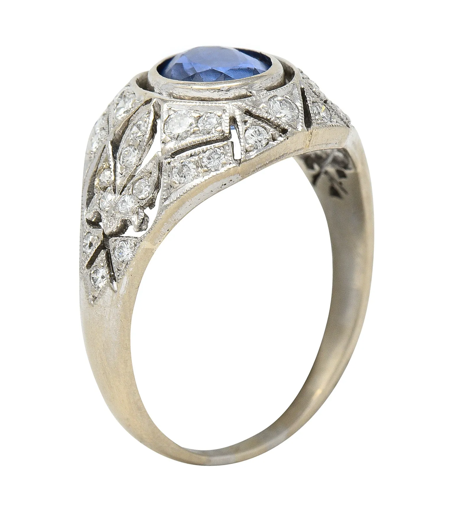 1960's Art Deco Revival 1.72 CTW Oval Cut Sapphire Diamond 14 Karat White Gold Fleur-De-Lis Vintage Bombay Dinner Ring