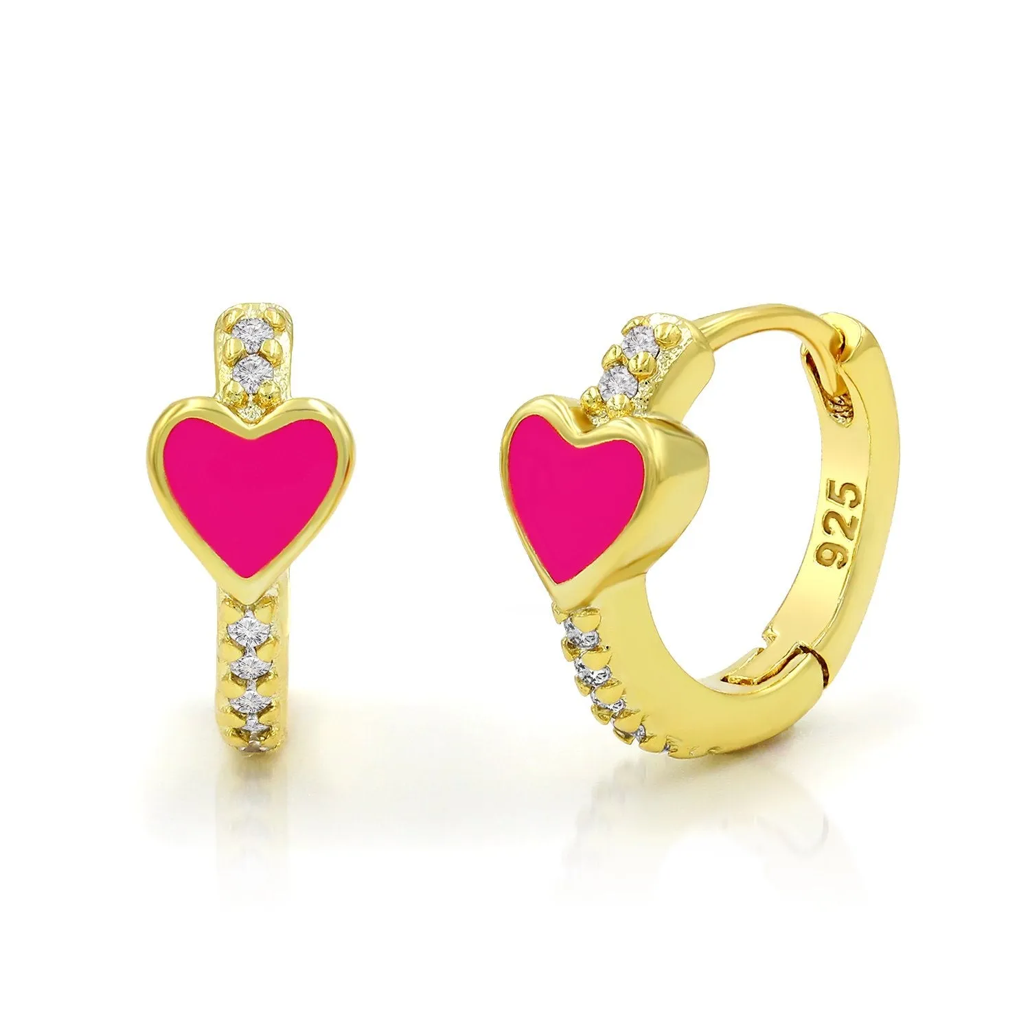 925 Sterling Silver Gold Plated Micro Pave Heart Enamel Huggie Hoop Earrings