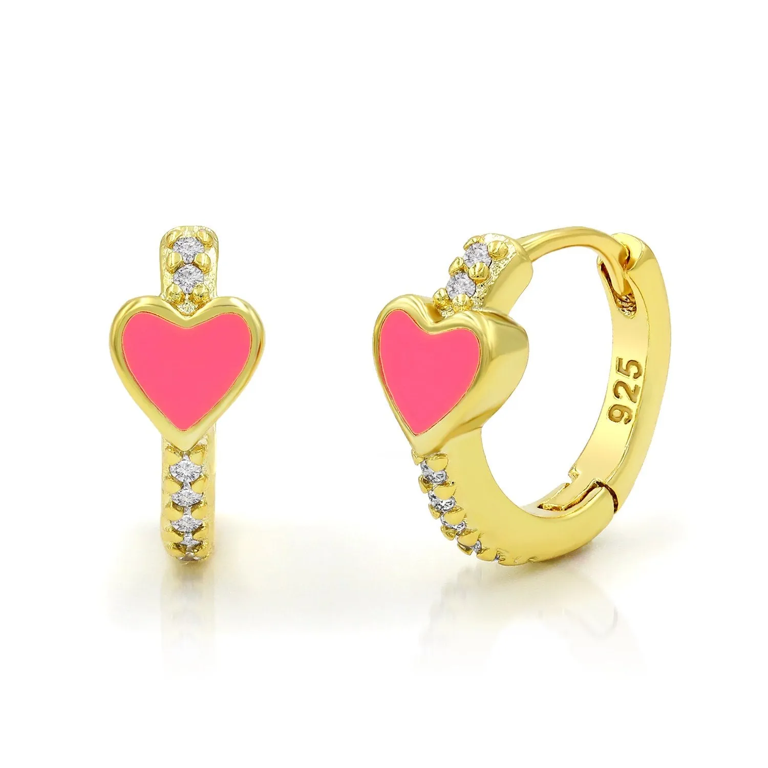 925 Sterling Silver Gold Plated Micro Pave Heart Enamel Huggie Hoop Earrings