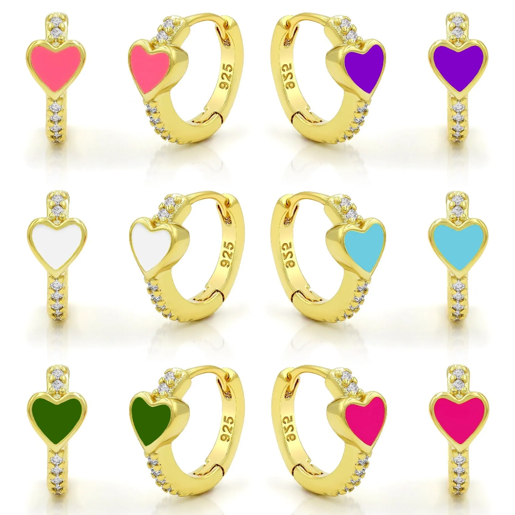925 Sterling Silver Gold Plated Micro Pave Heart Enamel Huggie Hoop Earrings