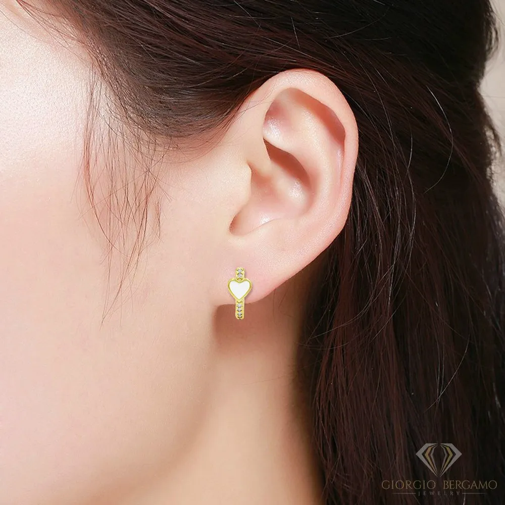 925 Sterling Silver Gold Plated Micro Pave Heart Enamel Huggie Hoop Earrings