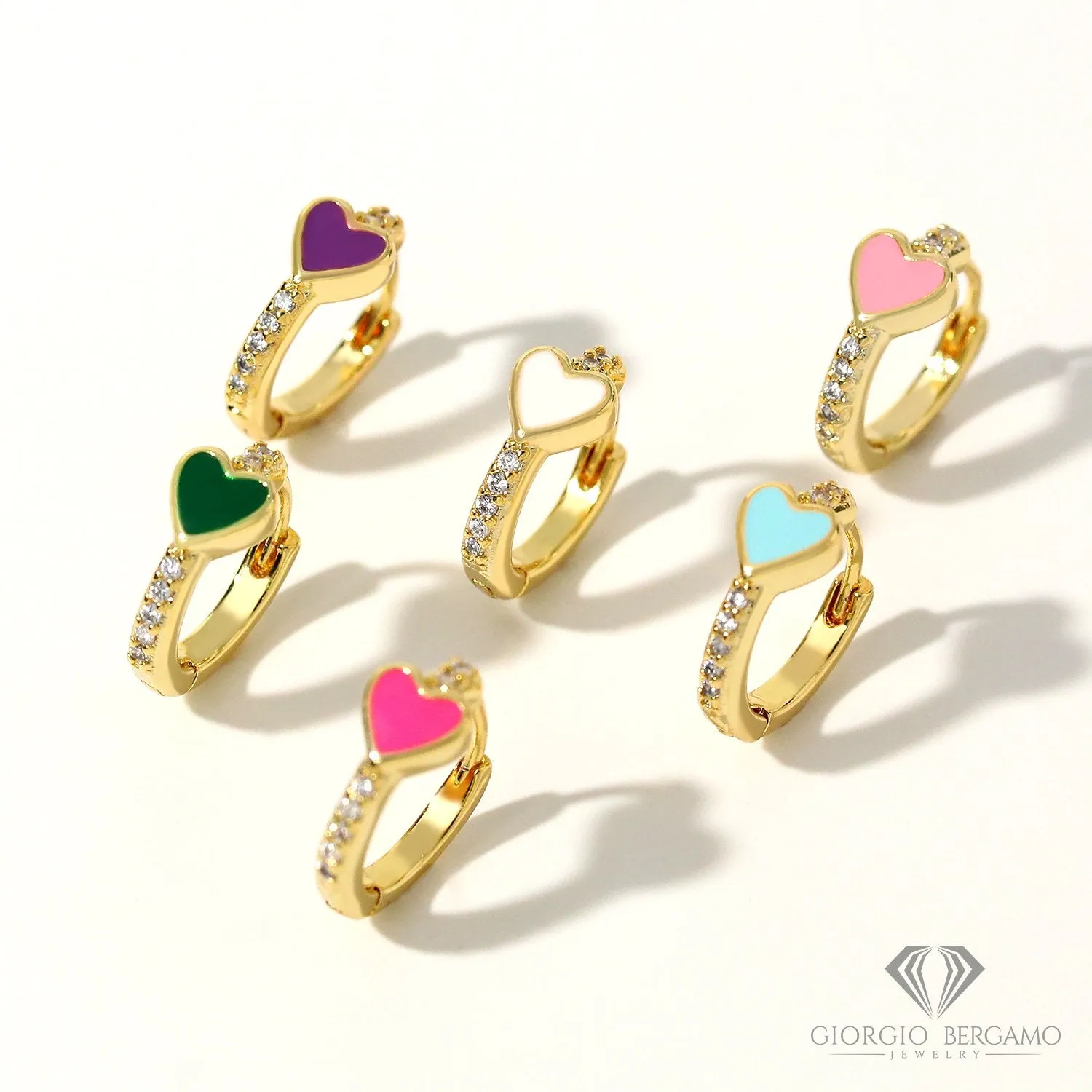 925 Sterling Silver Gold Plated Micro Pave Heart Enamel Huggie Hoop Earrings