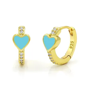925 Sterling Silver Gold Plated Micro Pave Heart Enamel Huggie Hoop Earrings