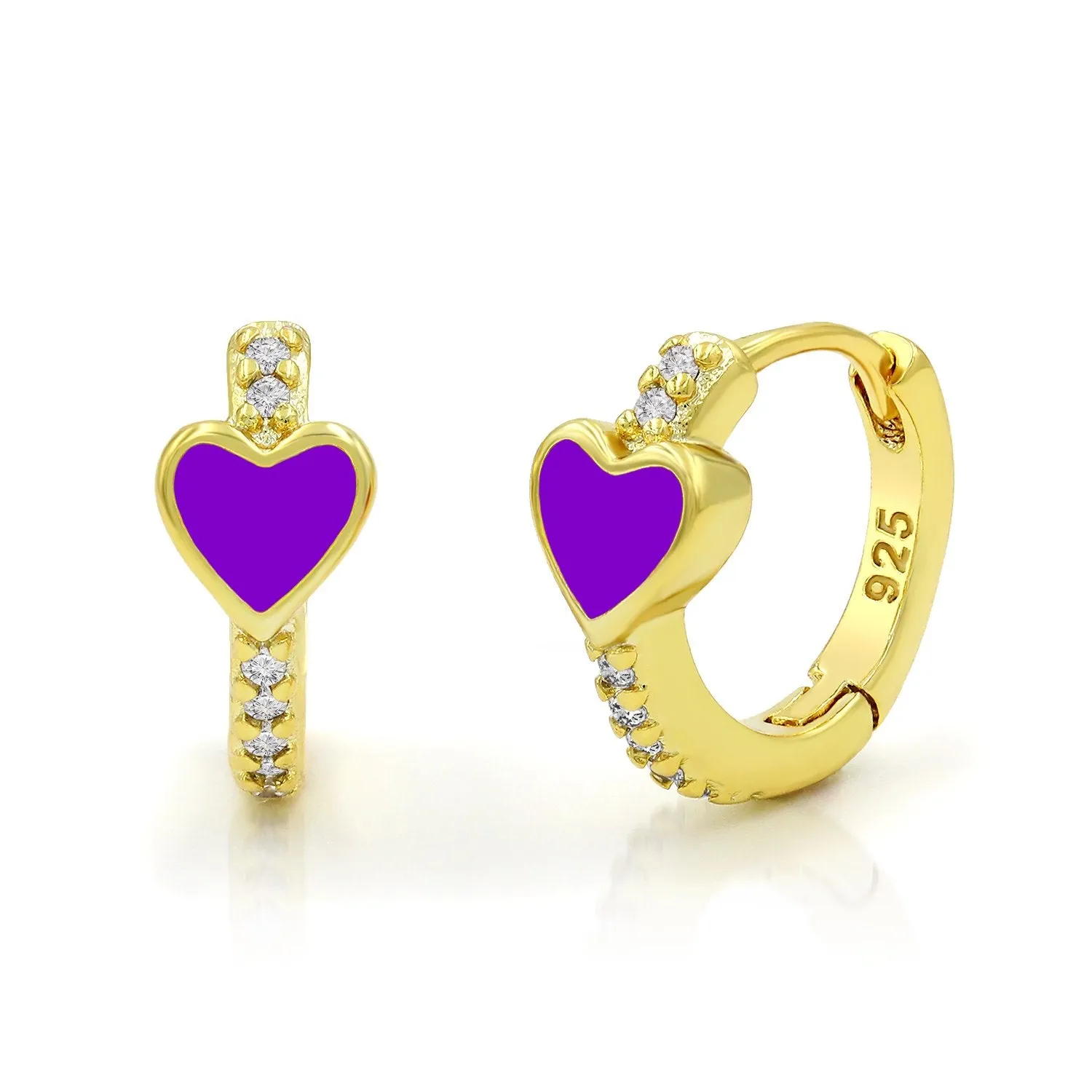 925 Sterling Silver Gold Plated Micro Pave Heart Enamel Huggie Hoop Earrings