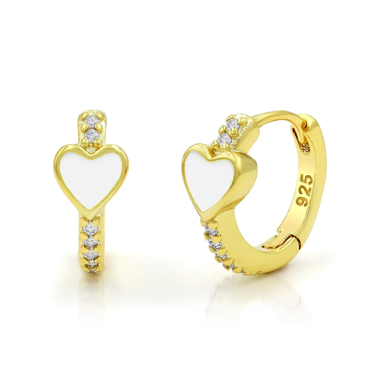 925 Sterling Silver Gold Plated Micro Pave Heart Enamel Huggie Hoop Earrings