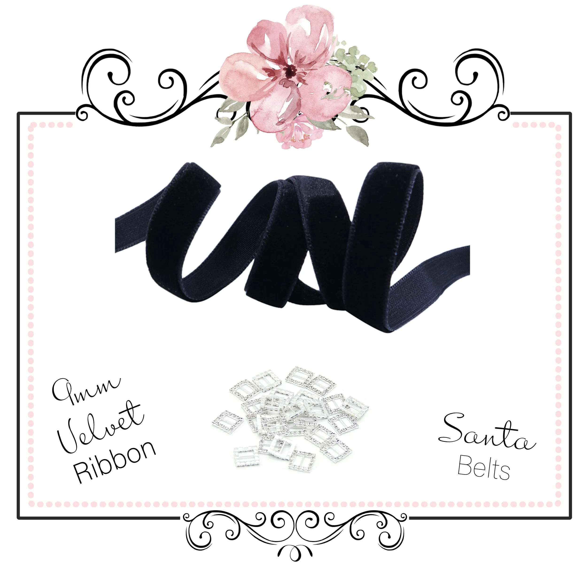 9mm Black Velvet Ribbon ~ With Santa Belt Buckle Option