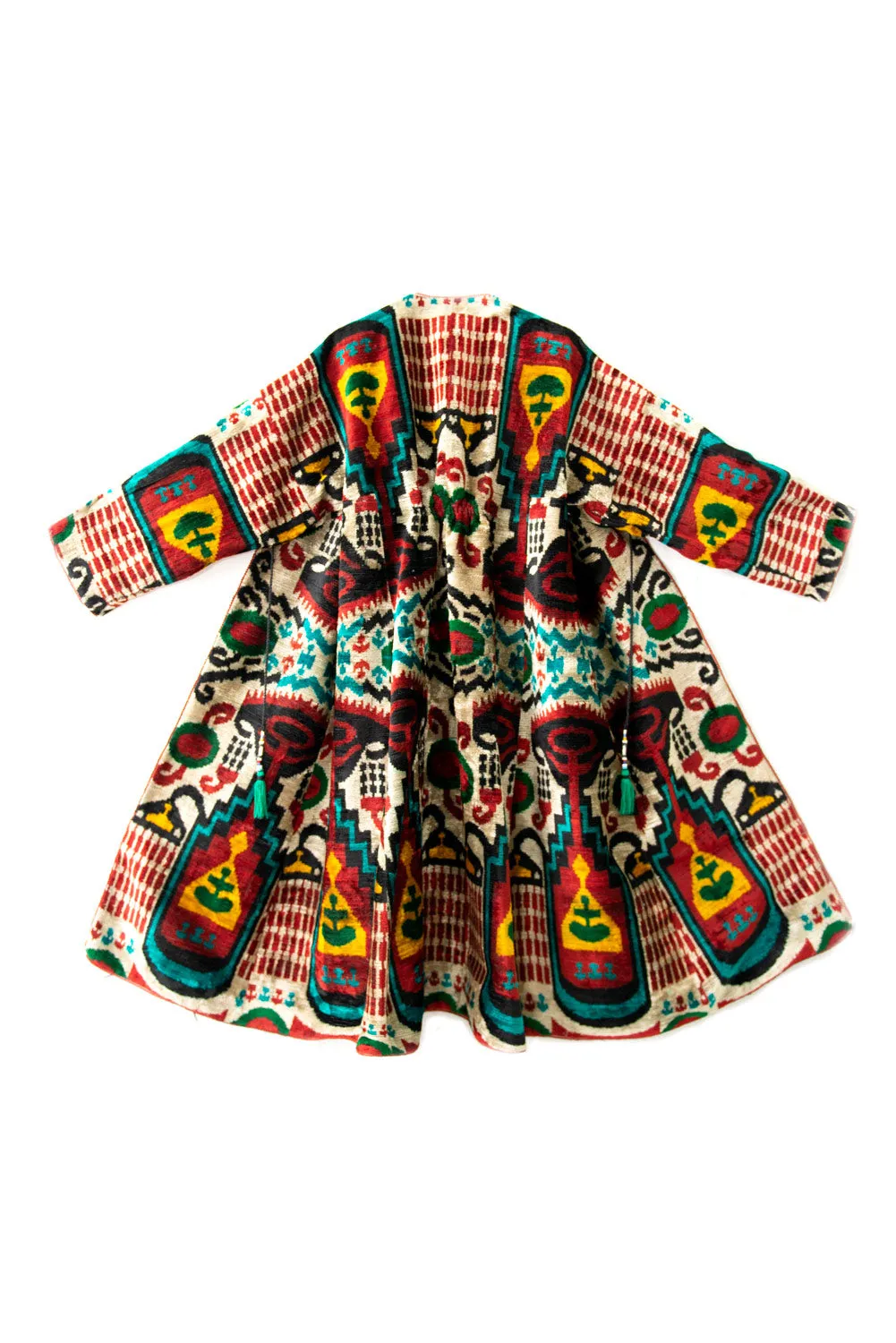 Adolat Green Multicolor Silk Ikat Velvet Robe