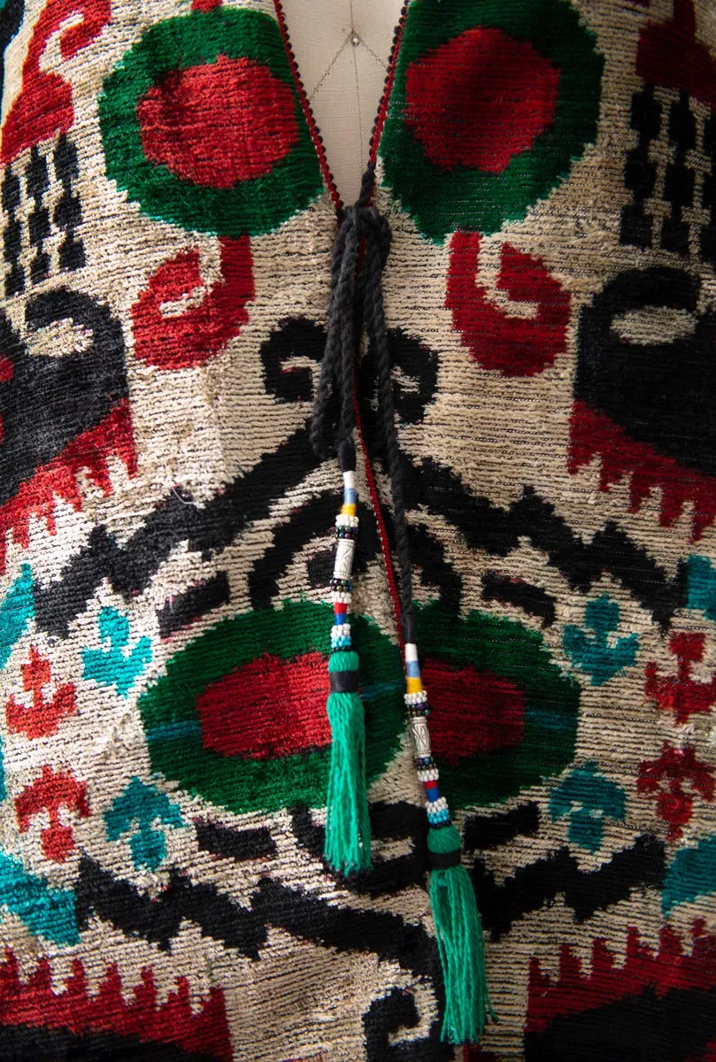 Adolat Green Multicolor Silk Ikat Velvet Robe
