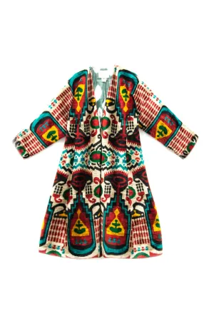 Adolat Green Multicolor Silk Ikat Velvet Robe
