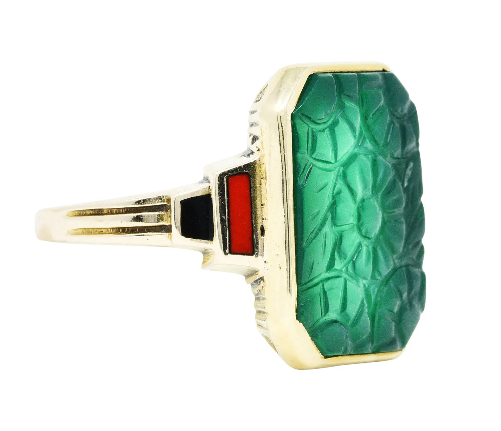 Allsopp Bros. Art Deco Chrysoprase Enamel 10 Karat Gold Carved Floral Ring