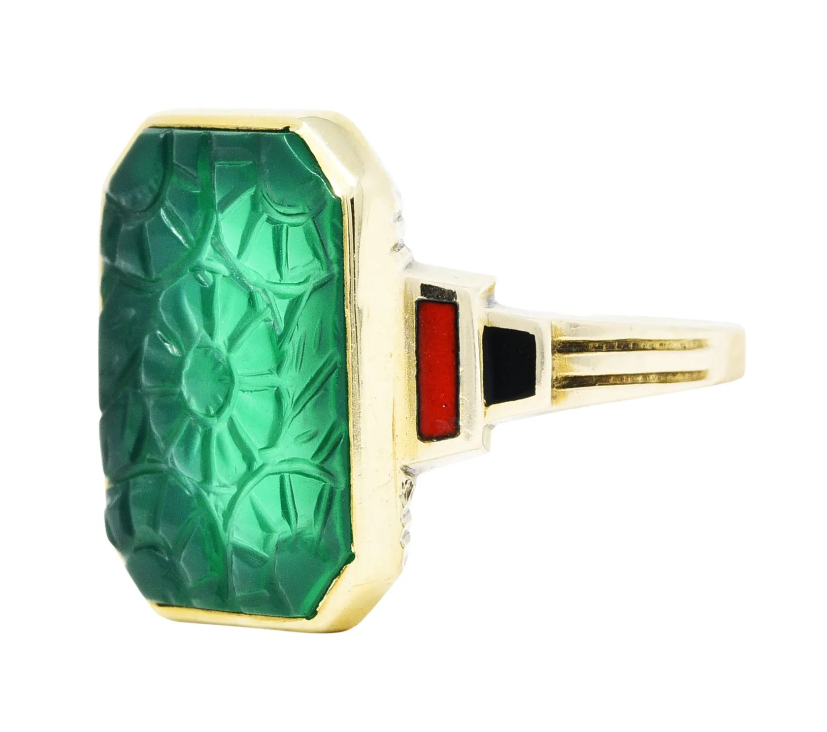 Allsopp Bros. Art Deco Chrysoprase Enamel 10 Karat Gold Carved Floral Ring