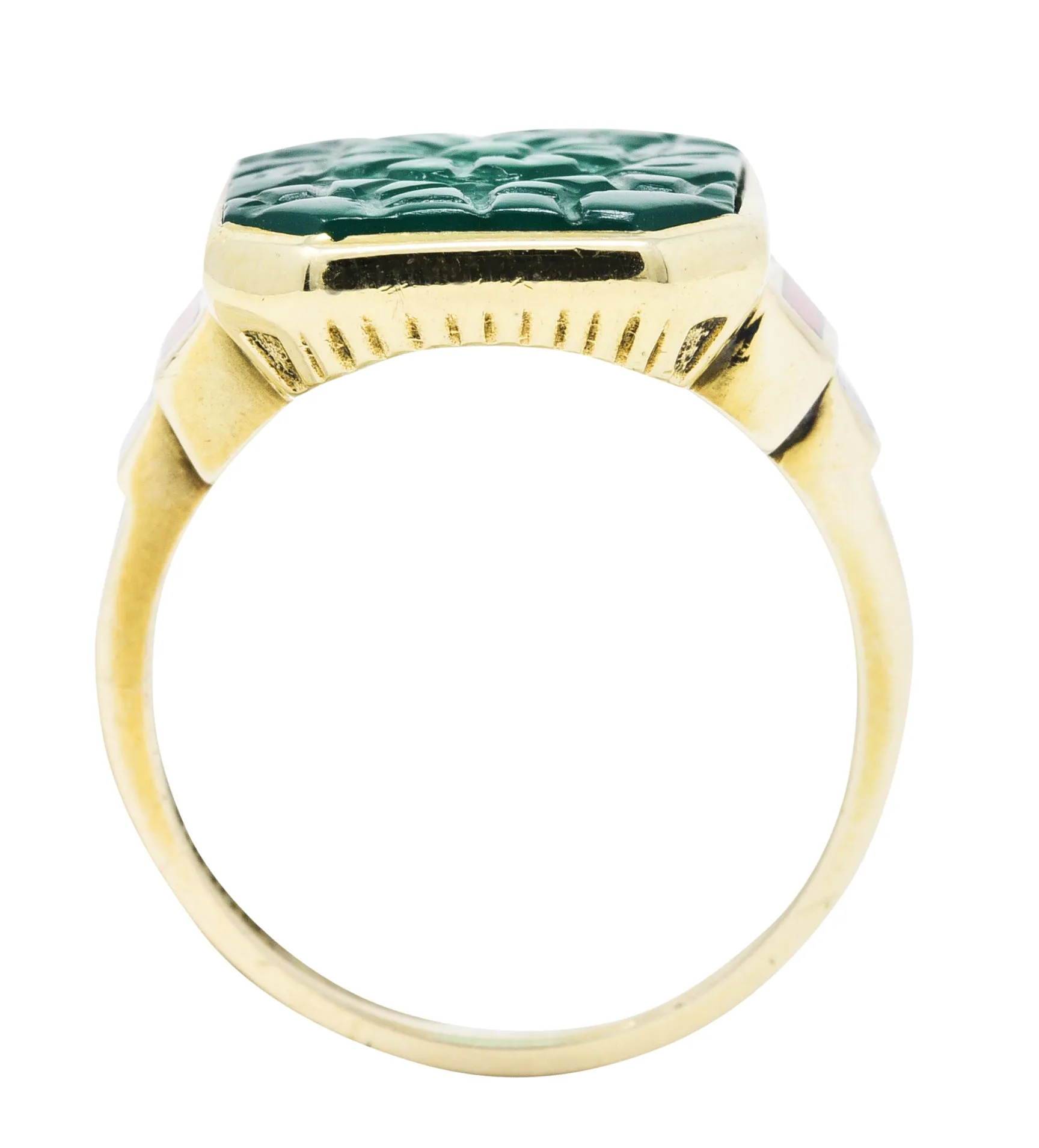 Allsopp Bros. Art Deco Chrysoprase Enamel 10 Karat Gold Carved Floral Ring