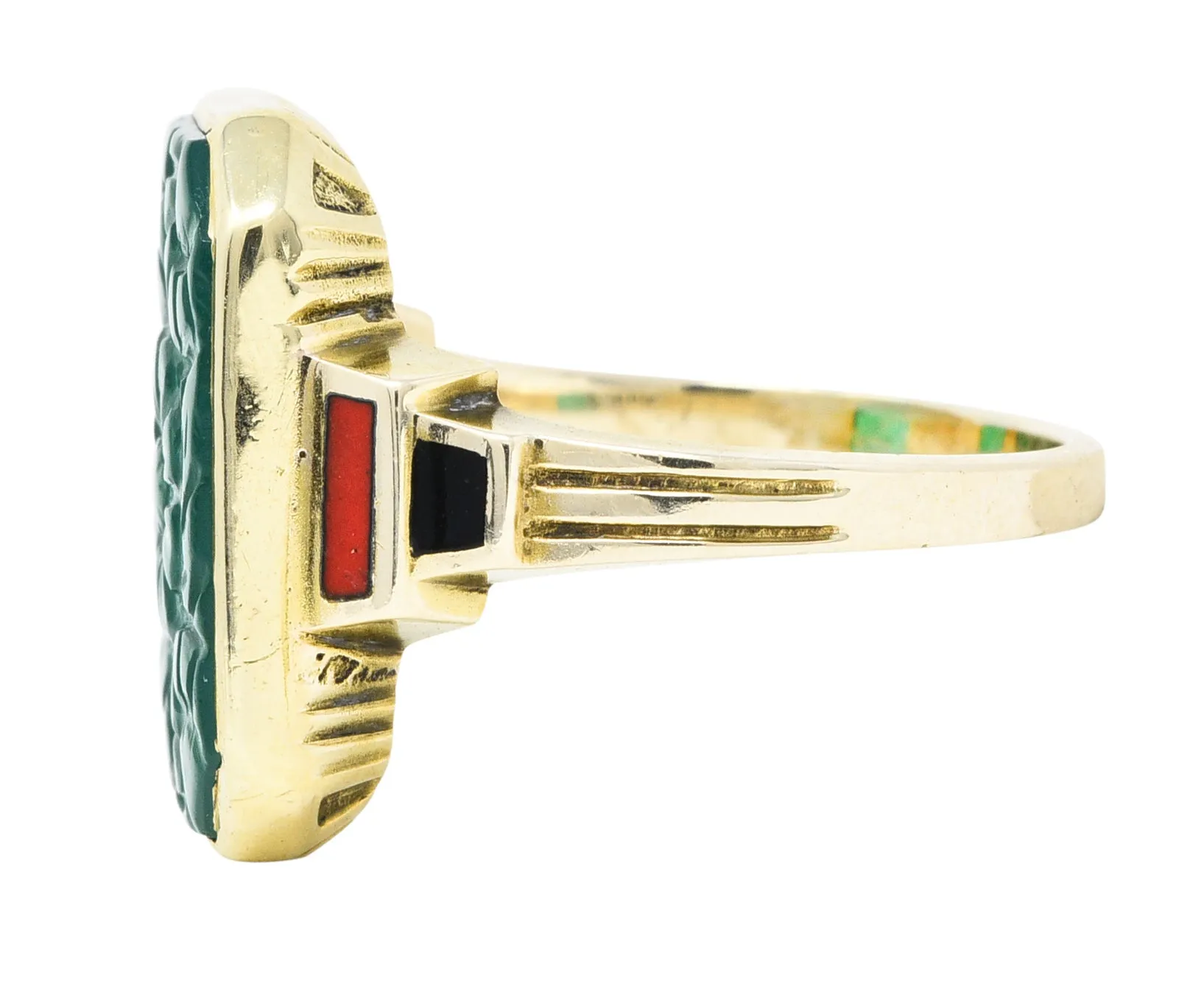 Allsopp Bros. Art Deco Chrysoprase Enamel 10 Karat Gold Carved Floral Ring