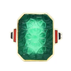 Allsopp Bros. Art Deco Chrysoprase Enamel 10 Karat Gold Carved Floral Ring