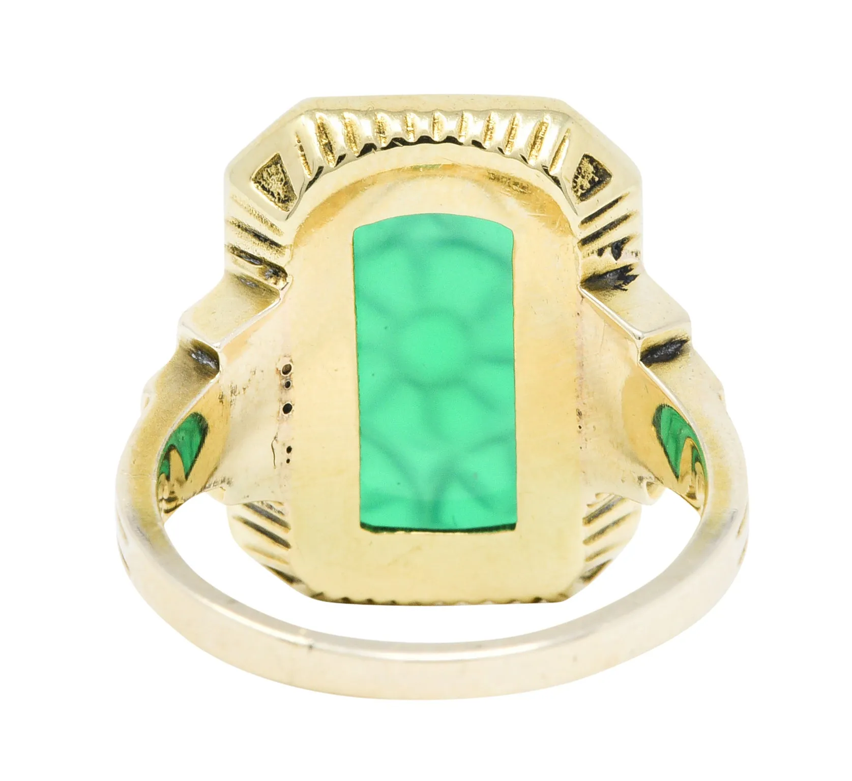 Allsopp Bros. Art Deco Chrysoprase Enamel 10 Karat Gold Carved Floral Ring