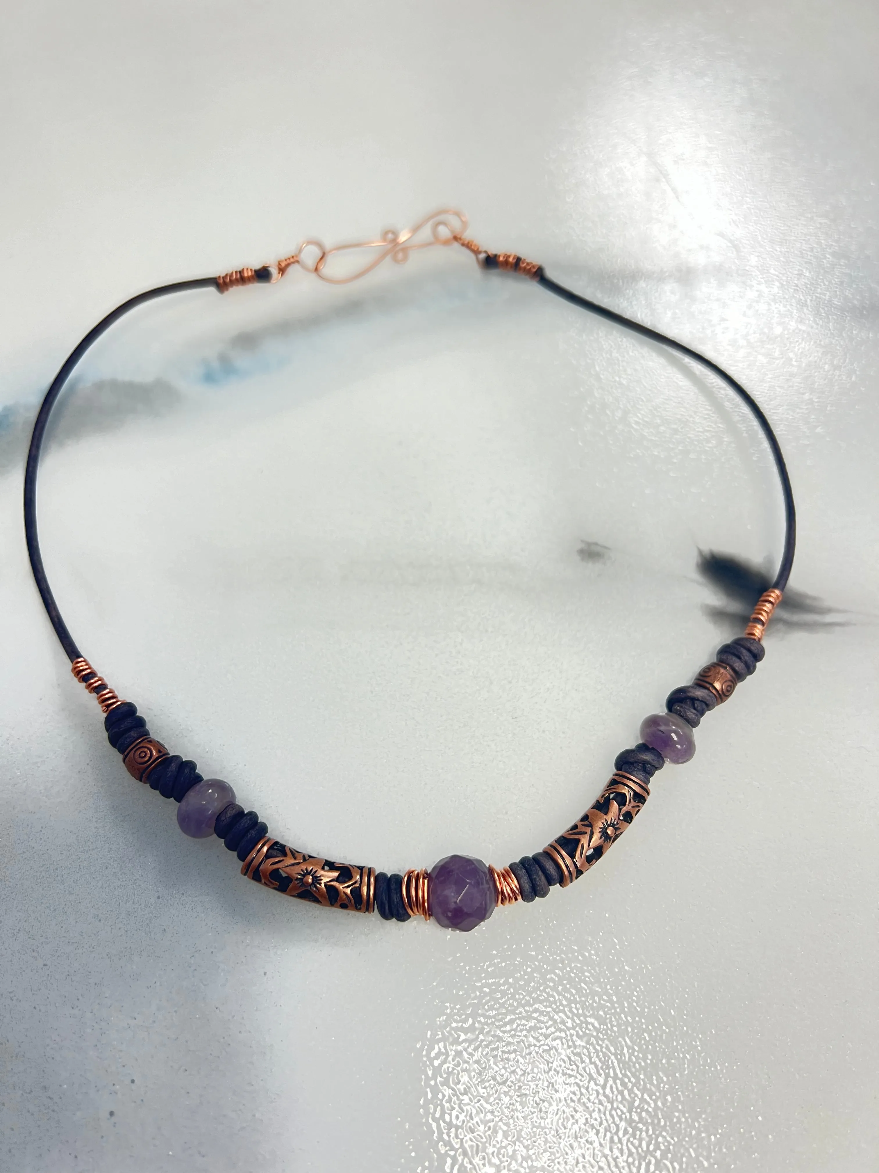 Amethyst, Copper & Leather Necklace | Handcrafted Artisan Jewelry