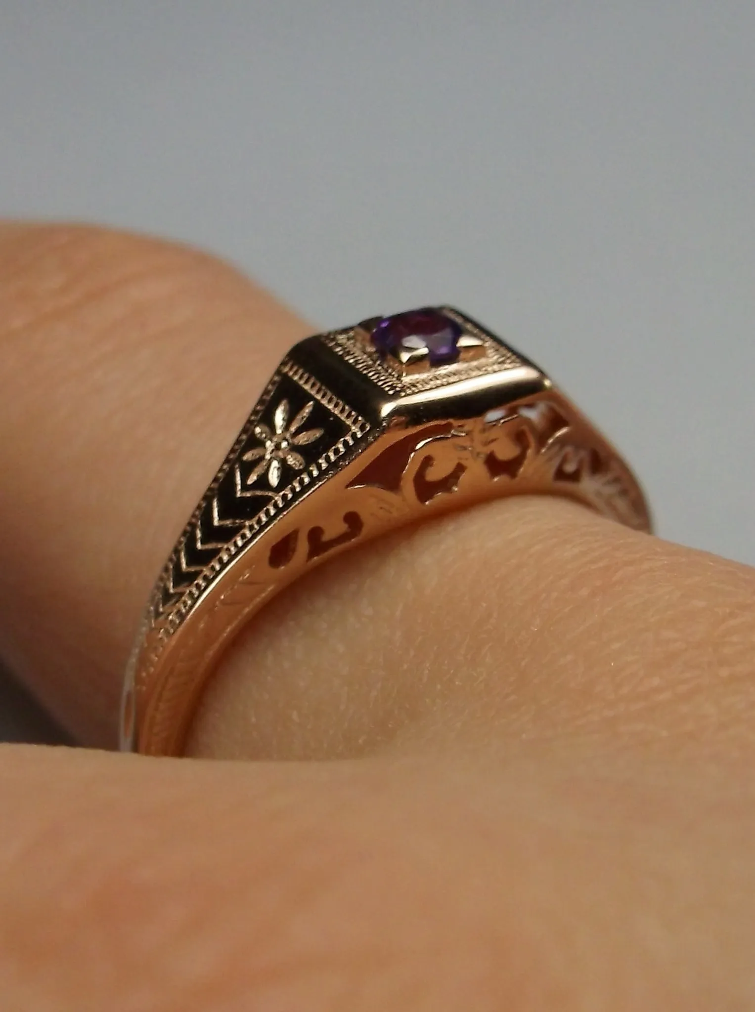Amethyst Ring, 14k Rose Gold, Natural Gemstone Art Deco jewelry  #D155