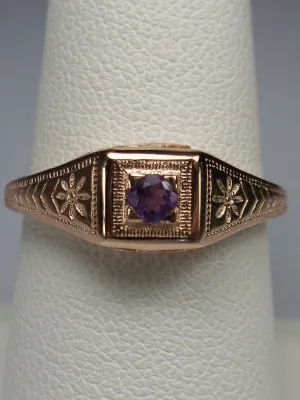 Amethyst Ring, 14k Rose Gold, Natural Gemstone Art Deco jewelry  #D155