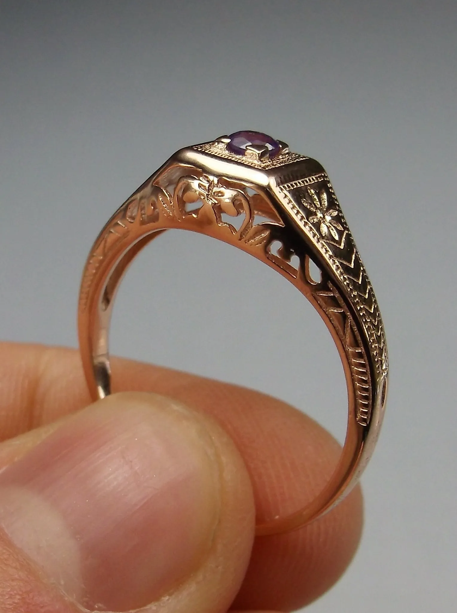 Amethyst Ring, 14k Rose Gold, Natural Gemstone Art Deco jewelry  #D155