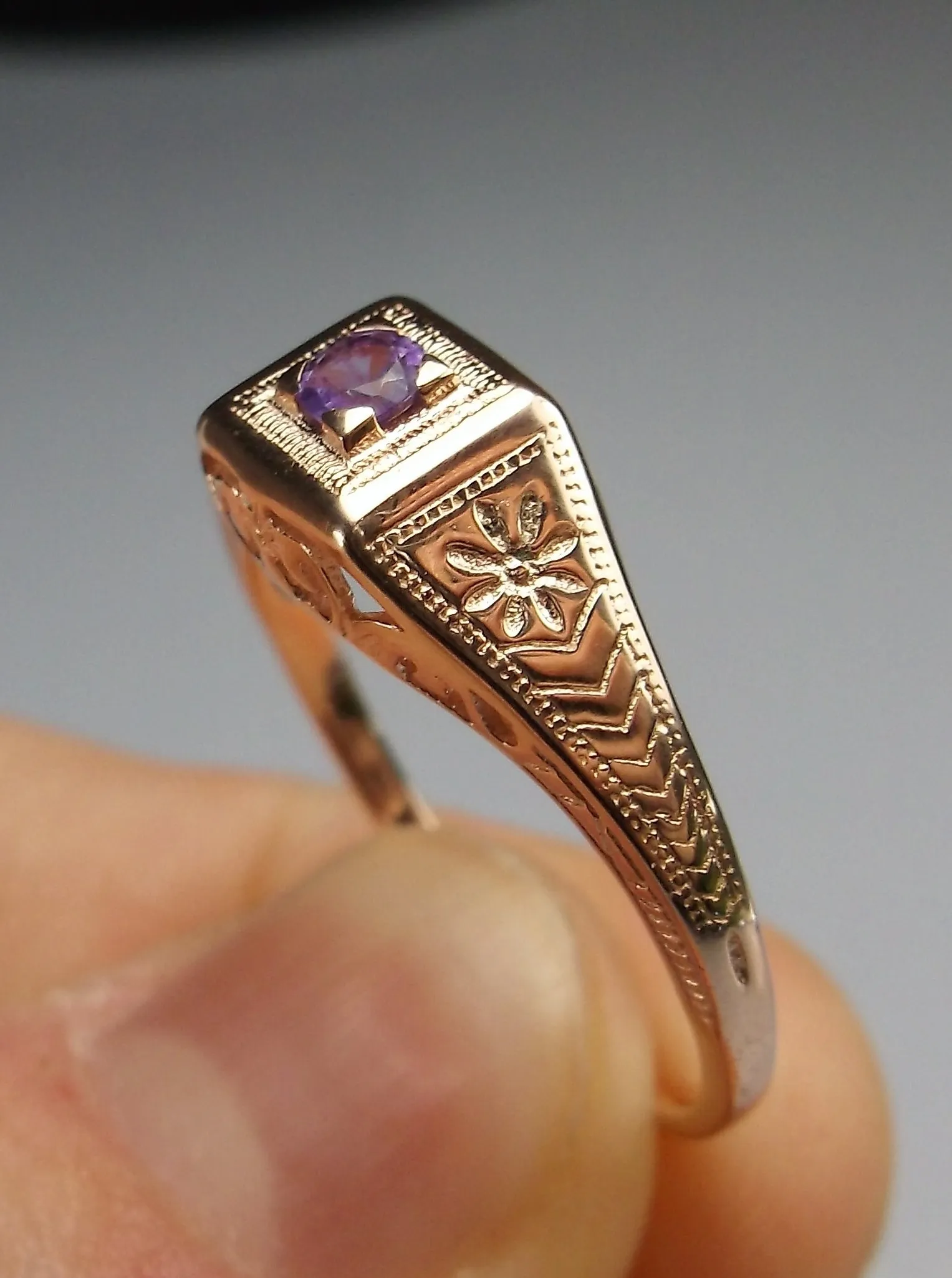 Amethyst Ring, 14k Rose Gold, Natural Gemstone Art Deco jewelry  #D155