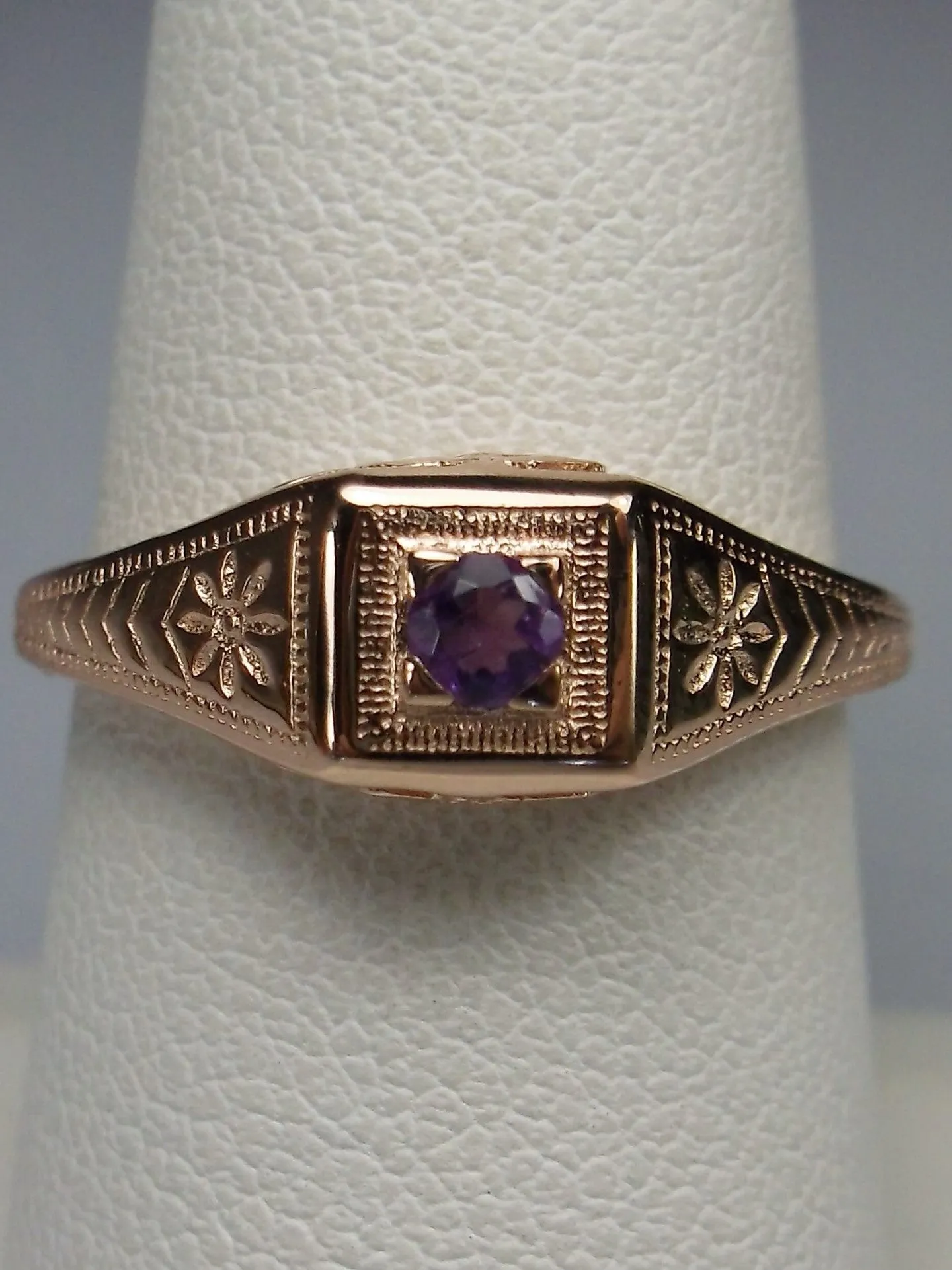 Amethyst Ring, 14k Rose Gold, Natural Gemstone Art Deco jewelry  #D155