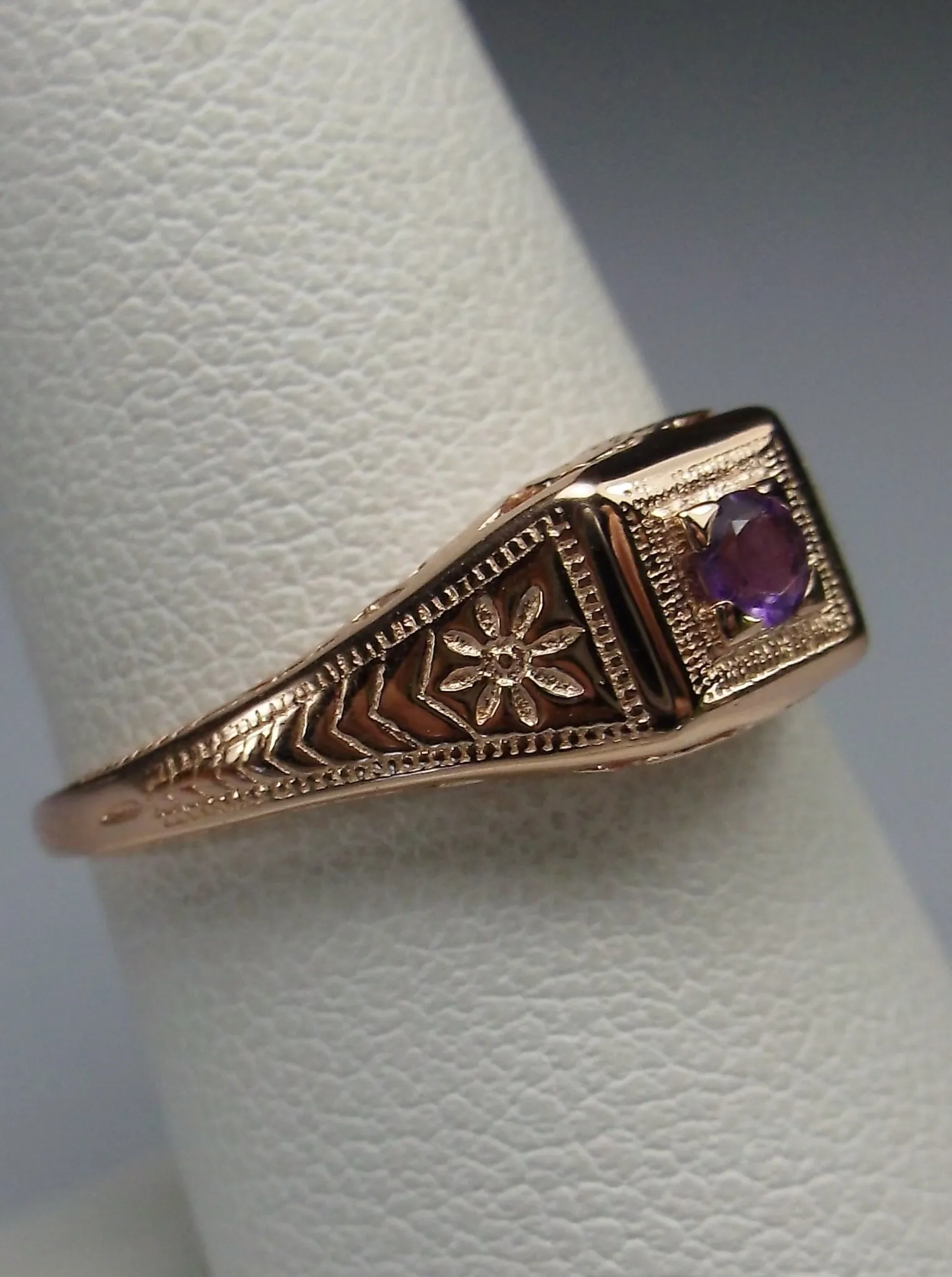 Amethyst Ring, 14k Rose Gold, Natural Gemstone Art Deco jewelry  #D155