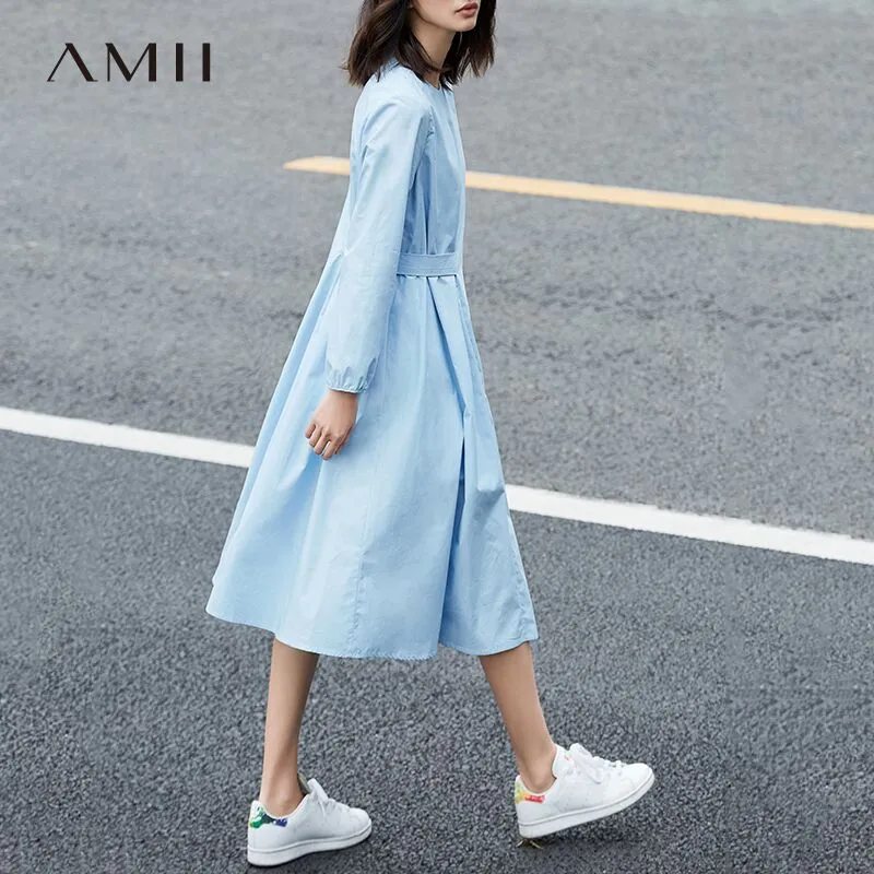 Amii Minimalist Casual Women Dress 2018 Solid O-Neck Puff Sleeve Drap Mid-Calf Dress