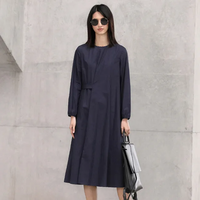 Amii Minimalist Casual Women Dress 2018 Solid O-Neck Puff Sleeve Drap Mid-Calf Dress