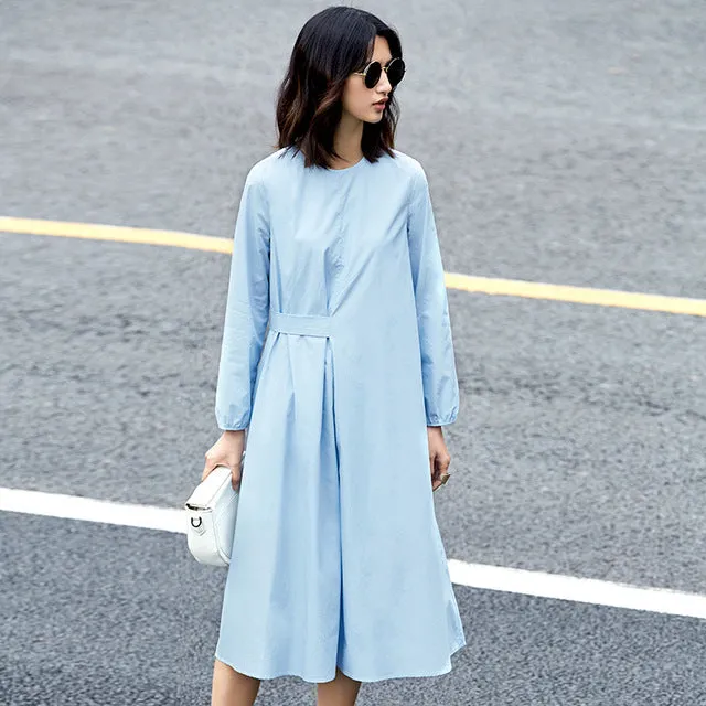 Amii Minimalist Casual Women Dress 2018 Solid O-Neck Puff Sleeve Drap Mid-Calf Dress