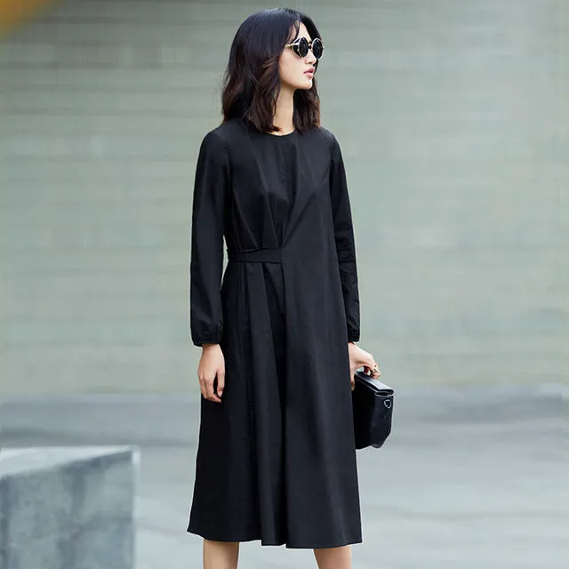 Amii Minimalist Casual Women Dress 2018 Solid O-Neck Puff Sleeve Drap Mid-Calf Dress