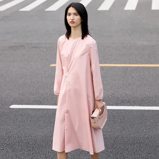Amii Minimalist Casual Women Dress 2018 Solid O-Neck Puff Sleeve Drap Mid-Calf Dress