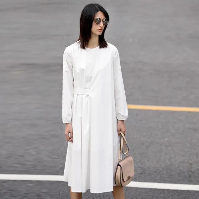 Amii Minimalist Casual Women Dress 2018 Solid O-Neck Puff Sleeve Drap Mid-Calf Dress