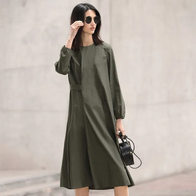 Amii Minimalist Casual Women Dress 2018 Solid O-Neck Puff Sleeve Drap Mid-Calf Dress