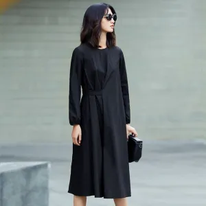 Amii Minimalist Casual Women Dress 2018 Solid O-Neck Puff Sleeve Drap Mid-Calf Dress