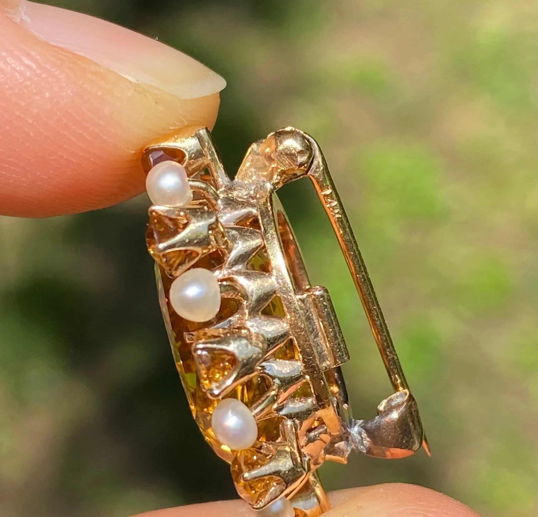 Antique 14K Gold Citrine and Pearl Sunburst Pin, Brooch