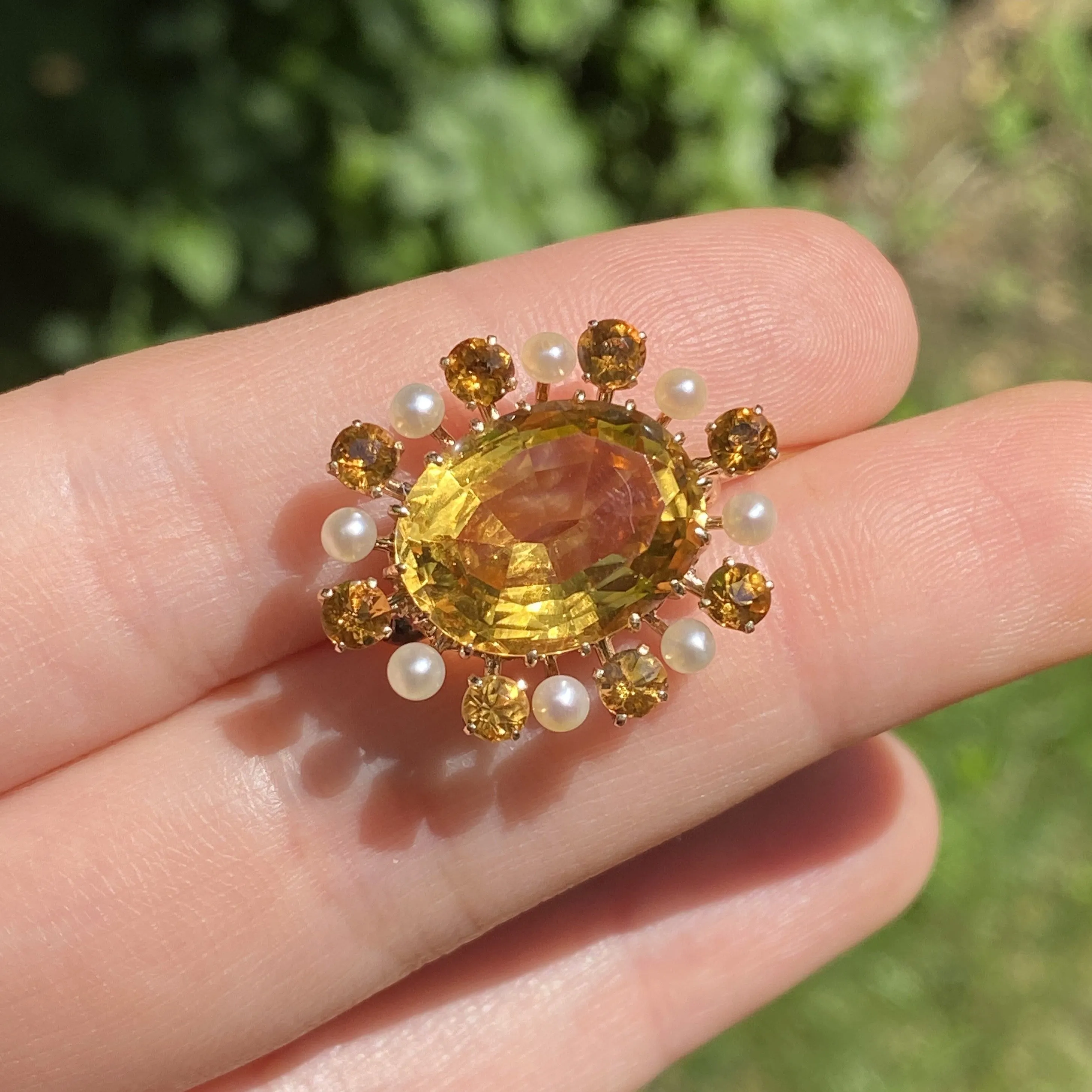 Antique 14K Gold Citrine and Pearl Sunburst Pin, Brooch