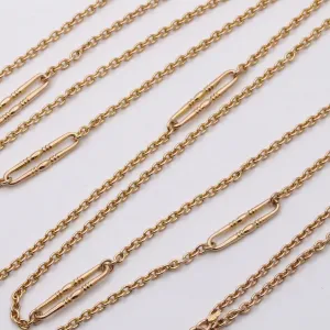 Antique 9K Gold Cable Link Trombone Longuard Chain, 53” Long