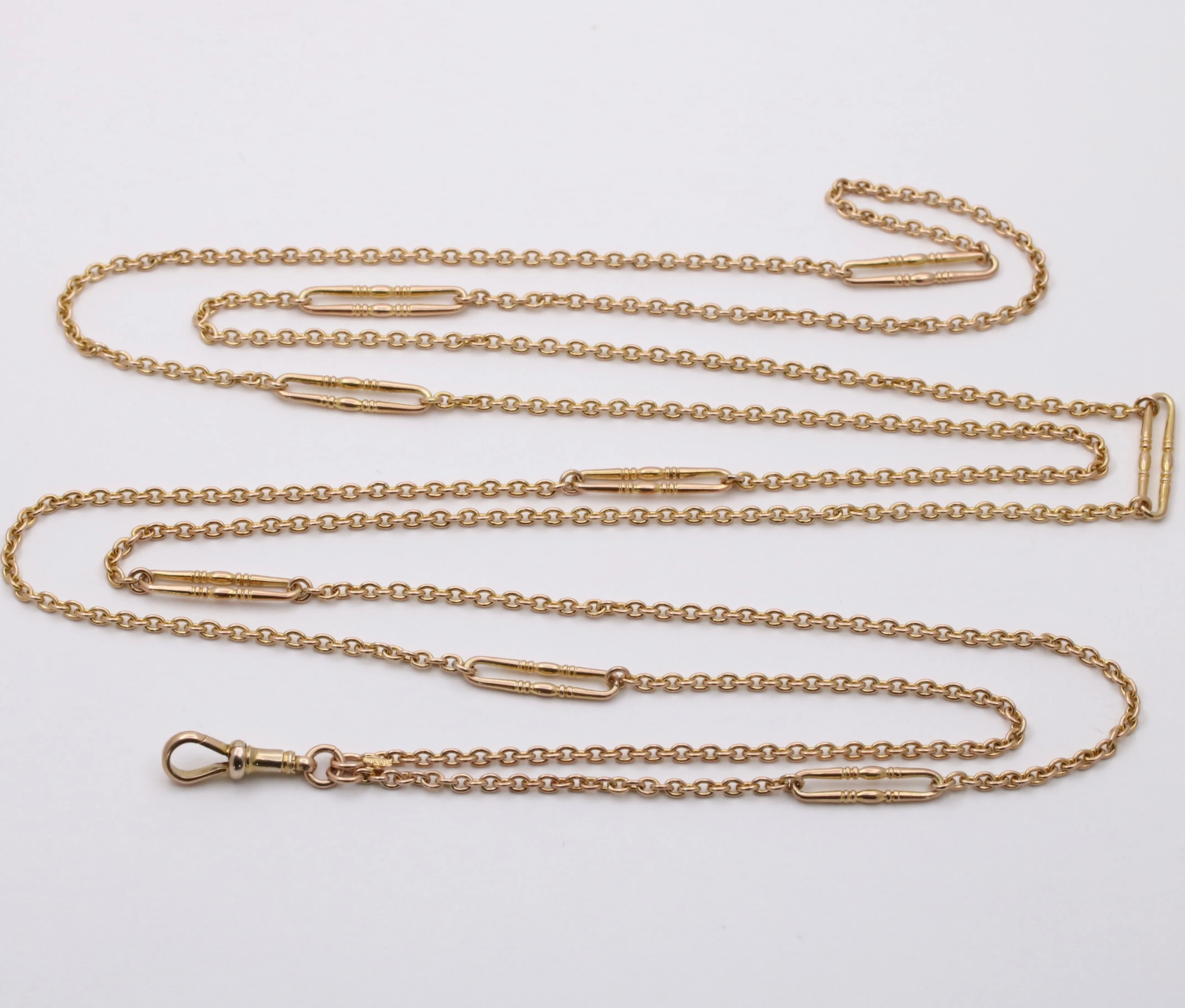 Antique 9K Gold Cable Link Trombone Longuard Chain, 53” Long