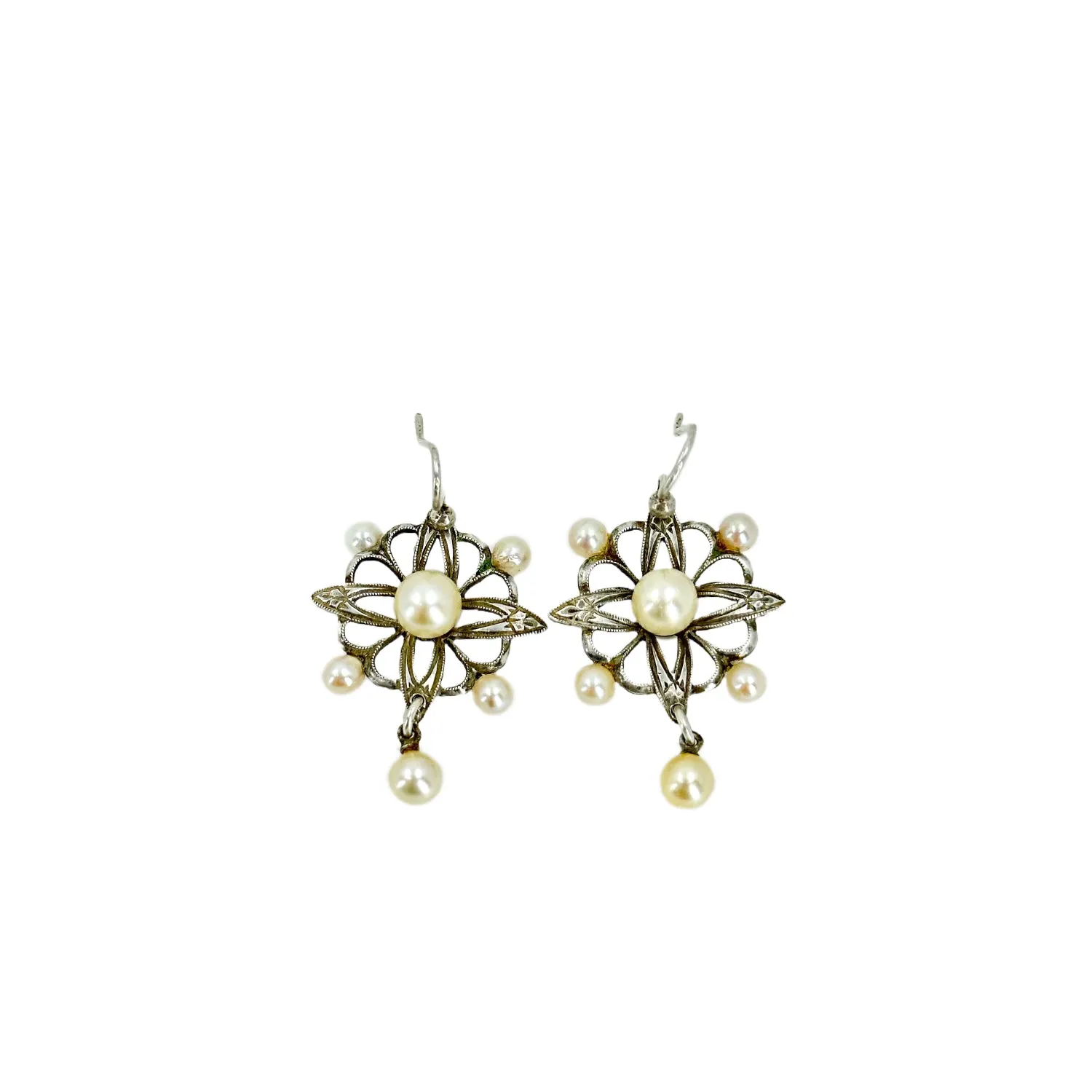 Antique Art Deco Engraved Akoya Saltwater Cultured Pearl Pierced Hook Earrings- Sterling Silver