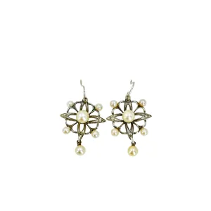 Antique Art Deco Engraved Akoya Saltwater Cultured Pearl Pierced Hook Earrings- Sterling Silver