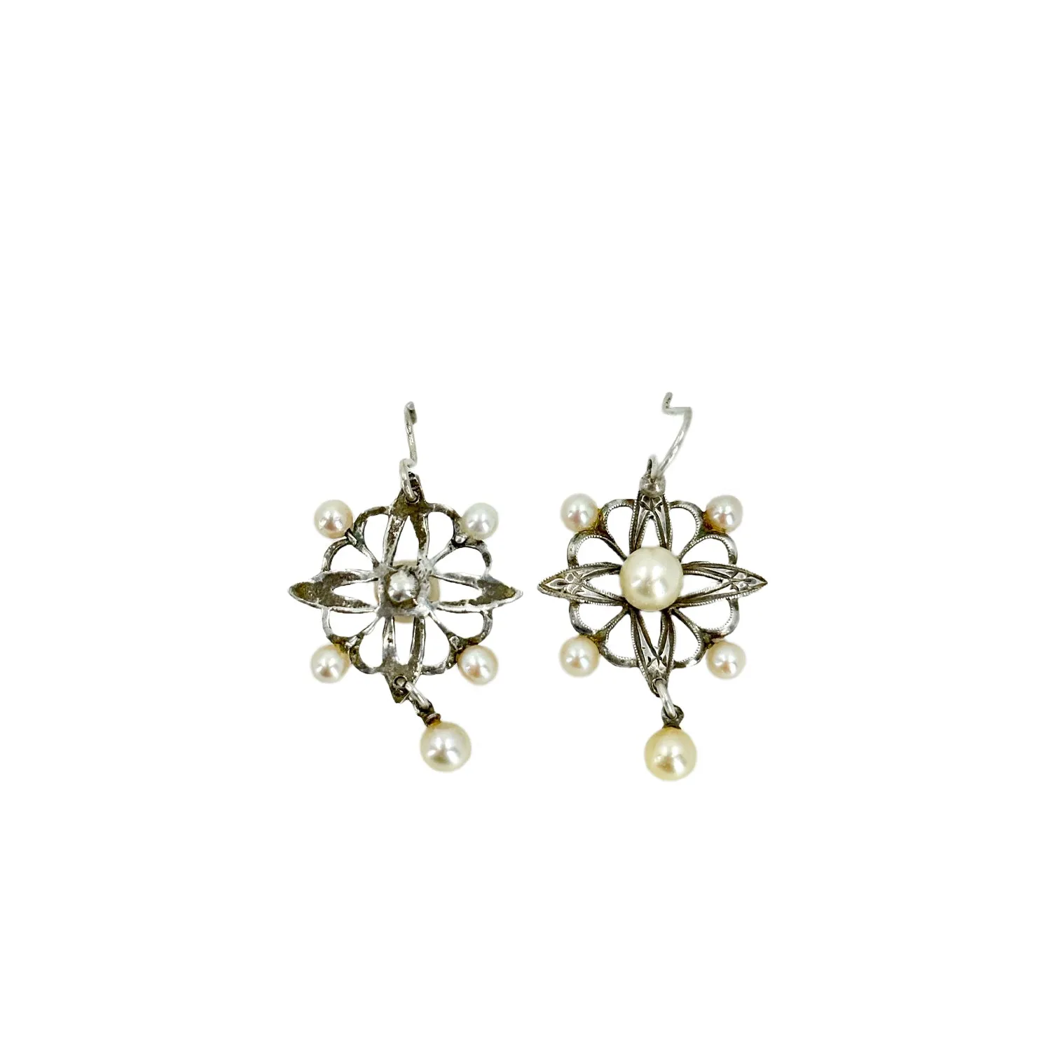 Antique Art Deco Engraved Akoya Saltwater Cultured Pearl Pierced Hook Earrings- Sterling Silver