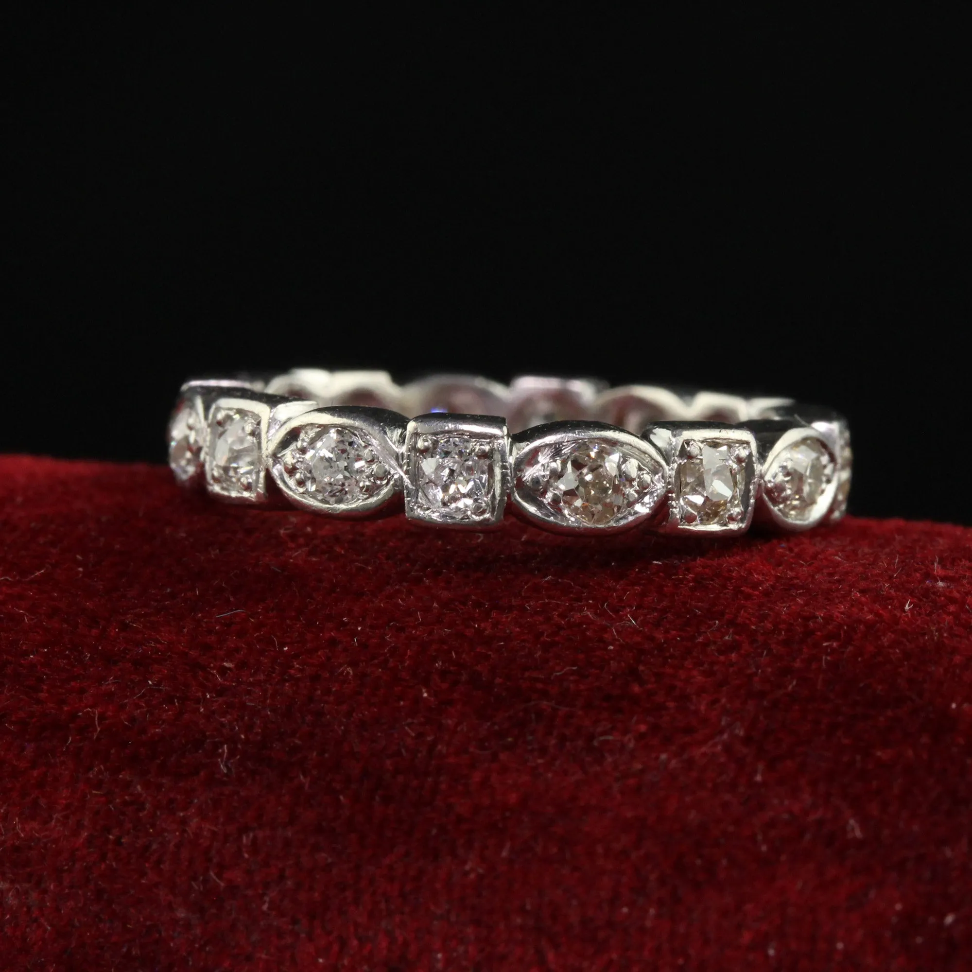 Antique Art Deco Platinum Old Mine Diamond Geometric Eternity Band - Size 6 1/2